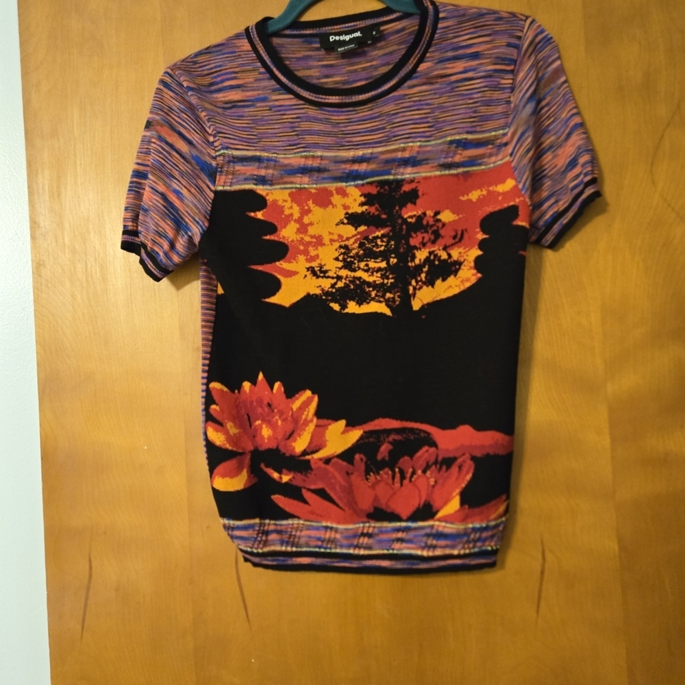 Desigual Knit Landscape Multi Colored Short Sleeve T-Shirt Size S